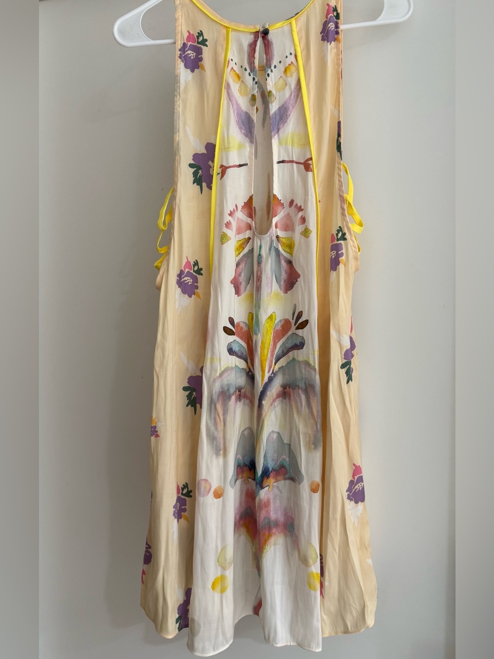 Free People Cream Watercolor Halter Mini Dress with Yellow Trim - Picture 2 of 5
